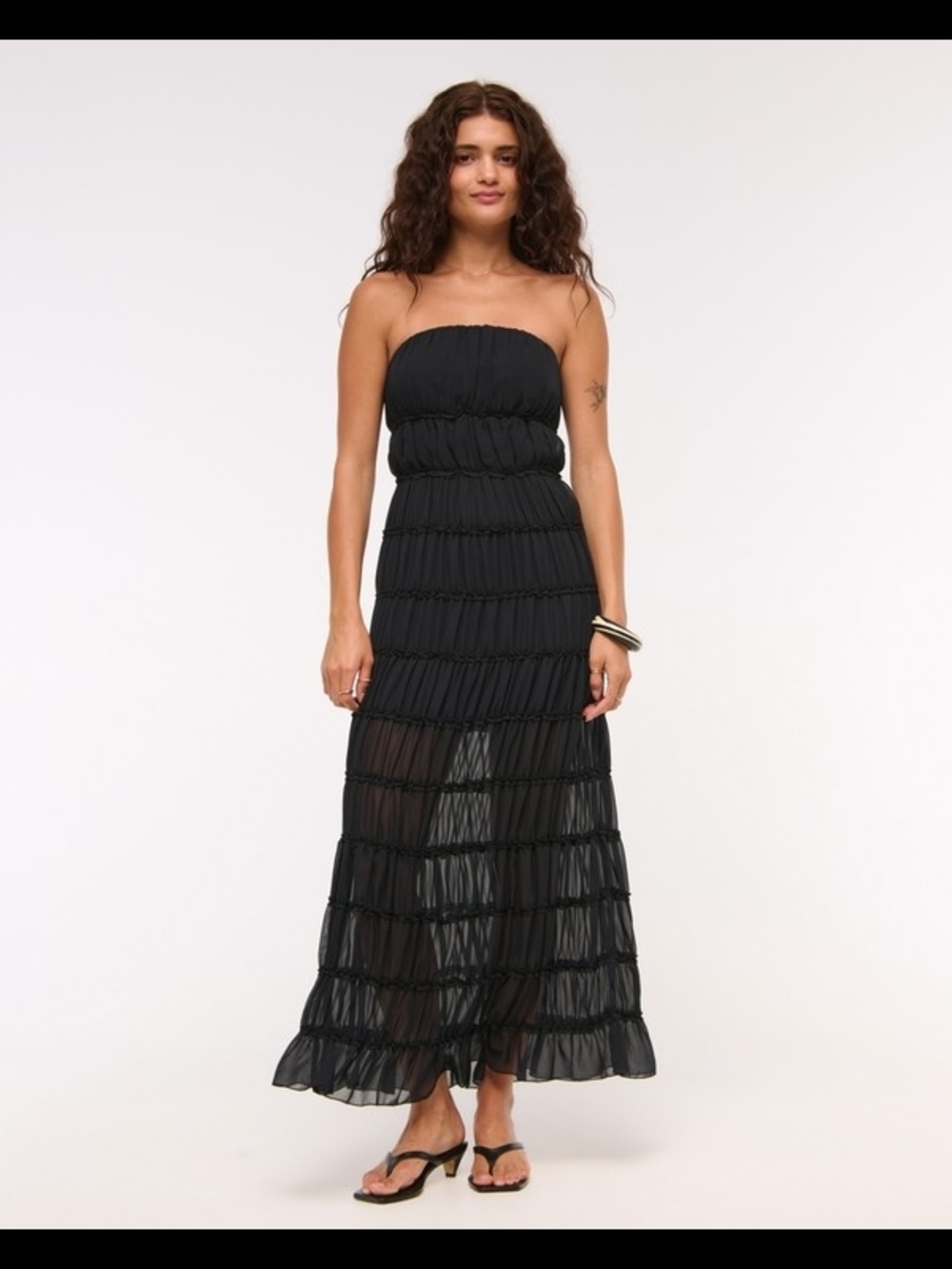 Strapless Black Ruffled Maxi Dress